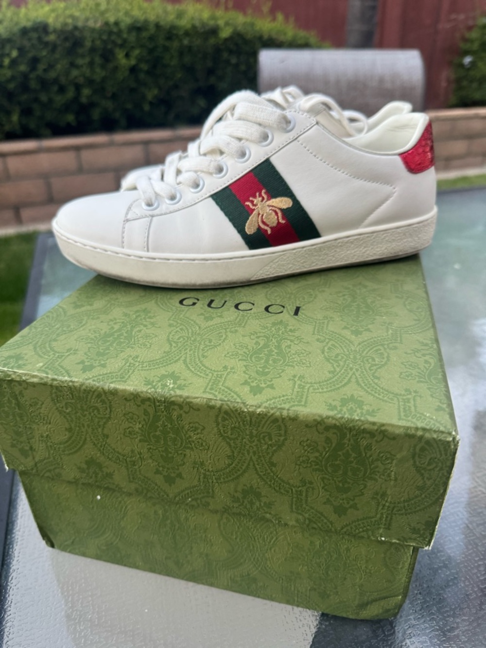 Gucci Ace White Leather Sneaker with Green-Red Web and Gold Bee